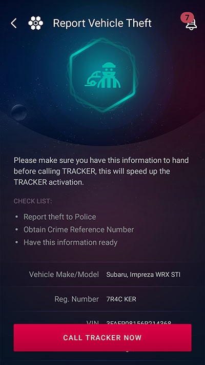 Tracker report vehicle stolen